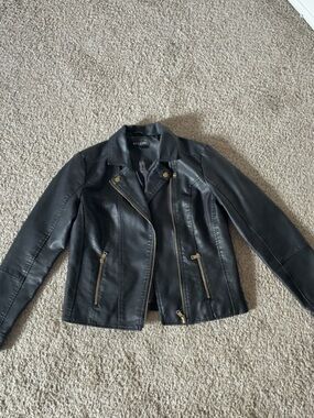 Baccini Black Faux Leather Moto Jacket with Gold Hardware